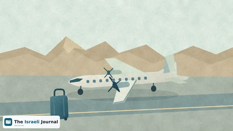 An unbranded propeller aircraft on an airport apron, a small suitcase and desert mountains in the background