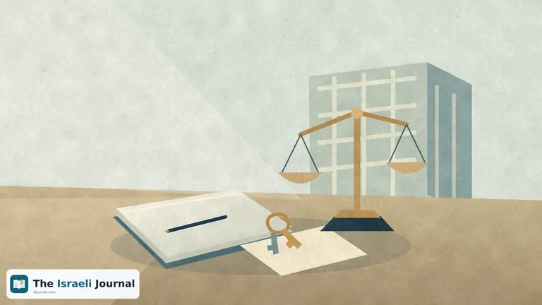 Apartment keys and unmarked documents beside a set of scales, with an illustrated residential building in the background