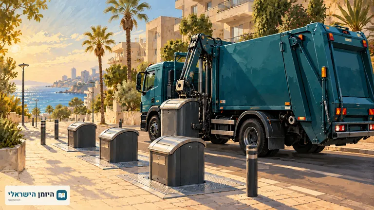 משאית פינוי אשפה כחולה לצד מכלי פסולת ברחוב מגורים עם עצי דקל