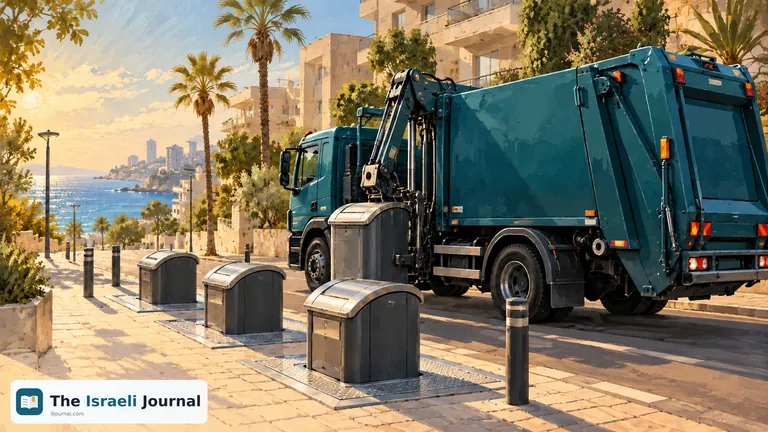 A blue waste collection truck beside bins on a residential street with palm trees