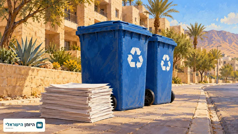 איור של מתקני איסוף כחולים וערימת נייר ליד מדרכה בשכונת מגורים