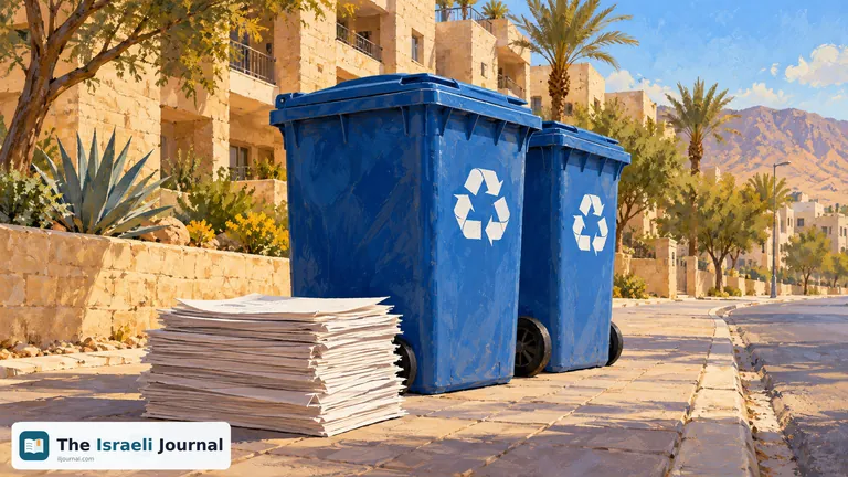 Illustration of blue collection containers and a stack of paper beside a sidewalk in a residential neighborhood