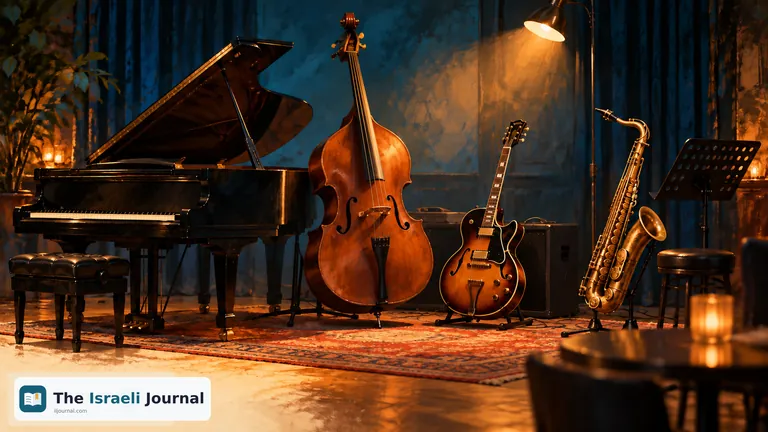 Illustration of an empty stage with a piano, double bass, guitar and saxophone in warm light against a blue curtain