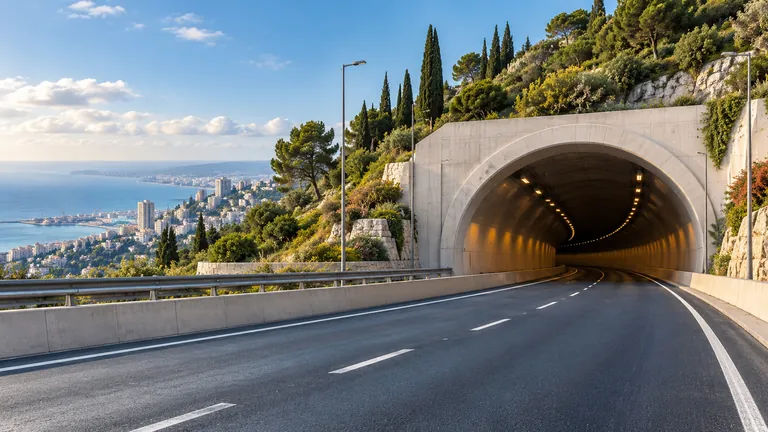 כביש סלול וריק המוביל לפתח מנהרה בגבעה ים תיכונית ירוקה, כשברקע נוף חופי