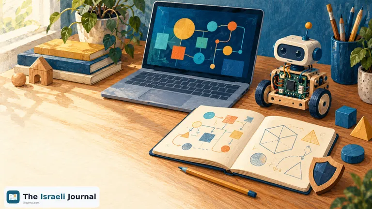 Illustration of a laptop with colorful shapes, a small robot, a notebook of diagrams and a blue shield on a wooden table