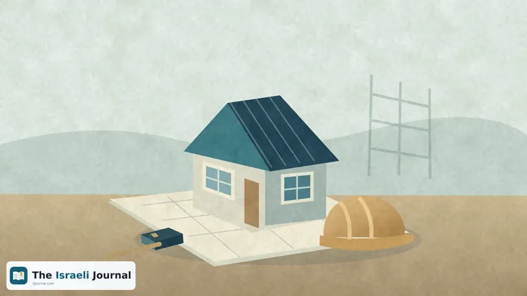 A small model house on an unmarked drawing, beside a safety helmet and a closed tape measure