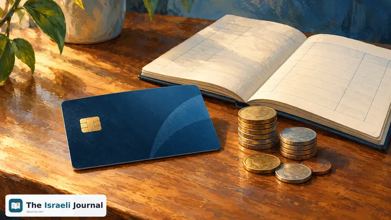Illustration of a payment card without details beside coins and an open account notebook