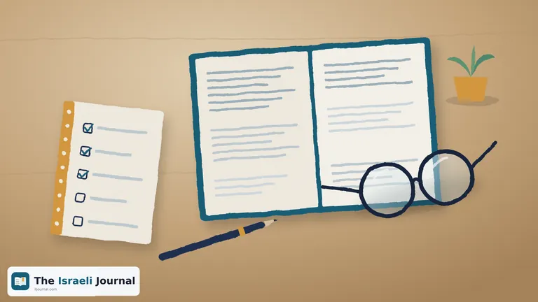 Illustration of an open document folder, glasses, a checklist notebook and a pen on a softly lit desk
