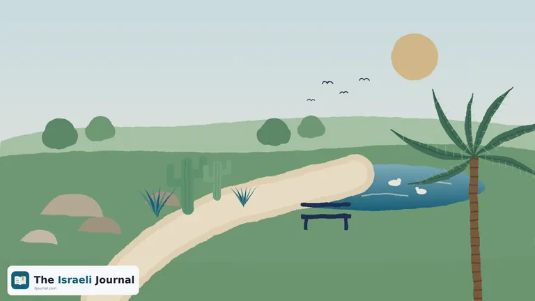 Illustration of a park path among rocks, cacti and palm leaves, with a small lake, birds and an empty bench in soft winter light