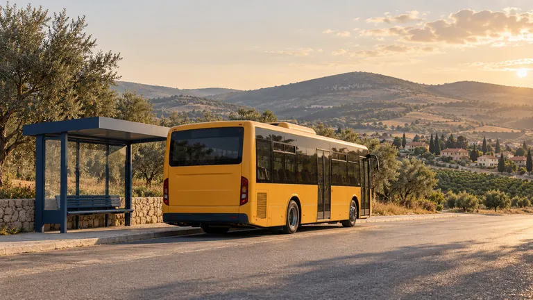אוטובוס צהוב ליד תחנה מקורה בכביש כפרי, כשברקע גבעות, עצי זית ובתי יישוב