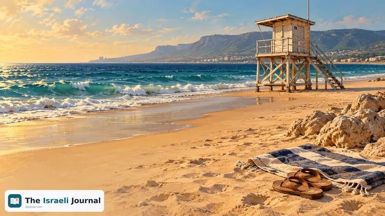 A lifeguard station on an empty beach beside a towel and sandals in autumn light