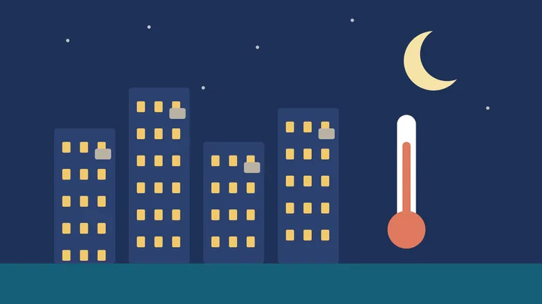איור: עיר חוף בלילה חם עם ירח, מדחום ומזגנים על החלונות