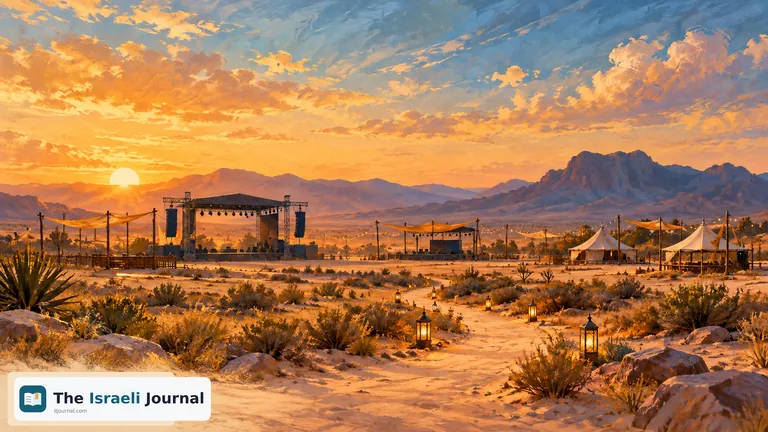 Illustration of stages and tents at an empty desert festival site at sunset, in sand, blue and amber tones