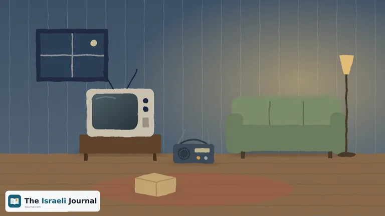 Illustration of an empty living room inspired by 1991, with an old television, radio and closed cardboard box in soft evening light