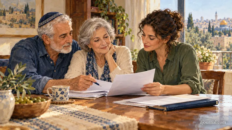 אילוסטרציה של זוג מבוגר ובת משפחה מעיינים במסמכי ביטוח בבית