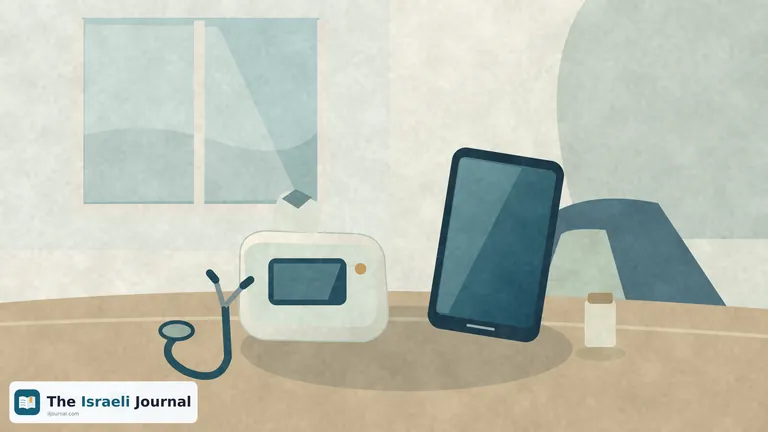 An illustrated home medical device beside a phone with a text-free screen and a stethoscope on a table