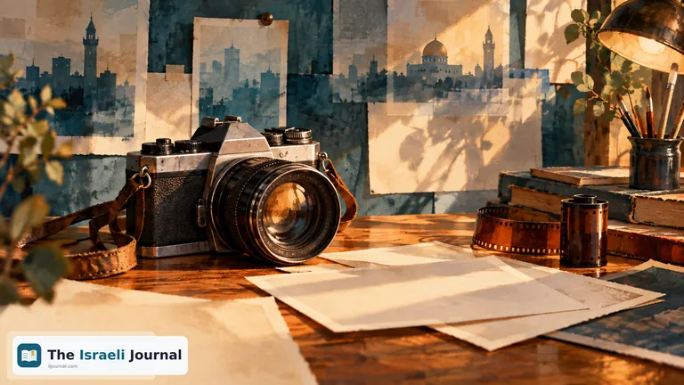 Illustration of an old camera on a wooden table beside papers and rolls of film, with city images in blue tones behind it