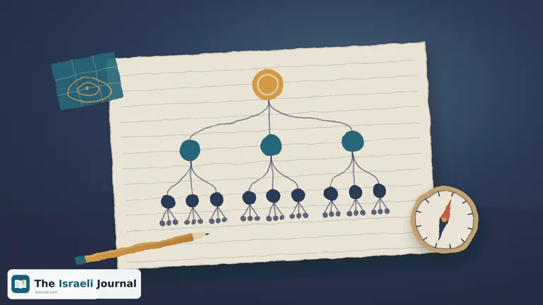 Illustration of a planning table with a sheet showing a tree of progressively larger tokens, a compass and a pencil in soft light