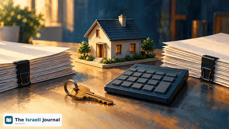 A small model house between stacks of documents, a calculator without numbers and a key on a table