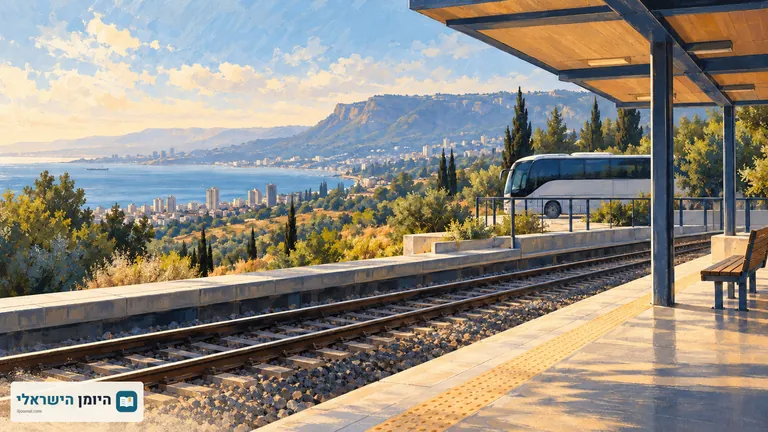 רציף רכבת ריק ומסילות מול נוף חוף והר ירוק, עם אוטובוס ברקע
