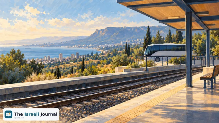 An empty train platform and tracks against a coastal landscape and green hill, with a bus in the background