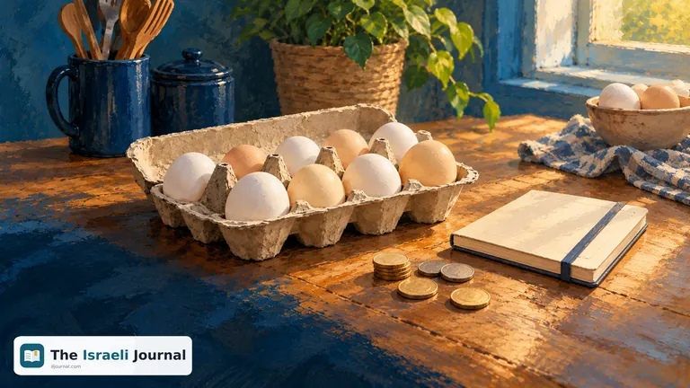 Illustration of eggs in an open carton on a kitchen table beside a closed notebook and coins