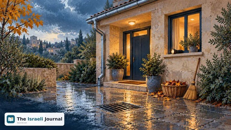 Illustration of a home entrance with a downspout, a drain in wet paving, a basket of leaves and a flashlight on a windowsill
