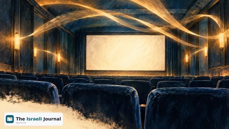 Illustration of an empty cinema with blue seats and golden beams of light above a bright screen