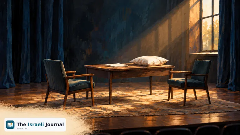 Illustration of an empty stage with a table, two chairs and a white pillow beneath golden window light