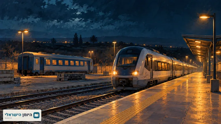 רכבת נוסעים בתחנה מוארת בלילה ולצדה מסילות ורכבת נוספת ברקע
