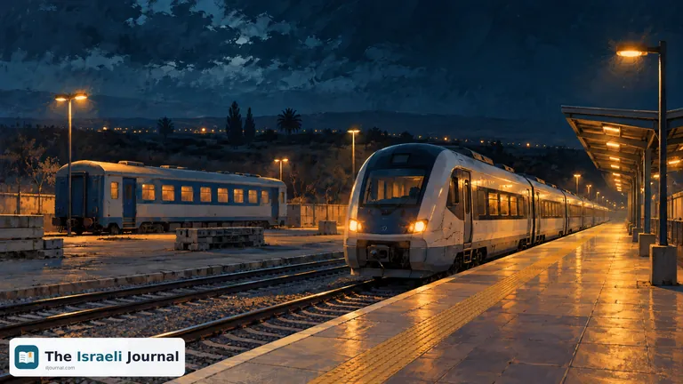 A passenger train at a lit station at night, with tracks and another train in the background