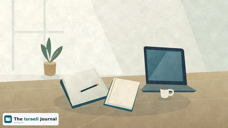 Two open textbooks without text, a pencil and a laptop on a desk beside a plant and mug