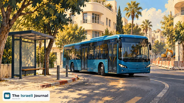 A blue bus on a city street with a bus stop, trees and construction barriers in the background