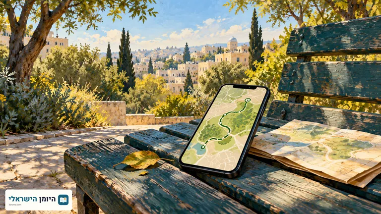 איור של טלפון עם מסלול מופשט על ספסל ליד עצים ובניינים עירוניים