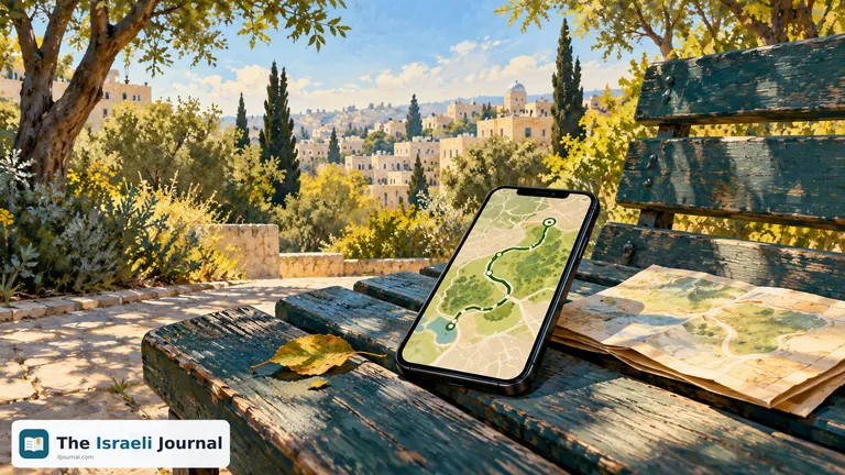 Illustration of a phone showing an abstract route on a bench beside trees and city buildings