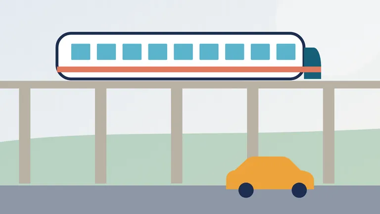 איור: רכבת נוסעים על גשר מעל כביש עם רכב