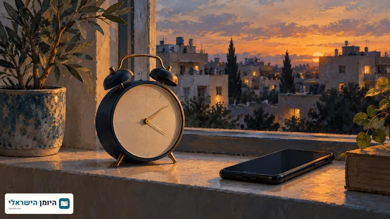 שעון מחוגים וטלפון על אדן חלון מול בנייני מגורים באור ערב