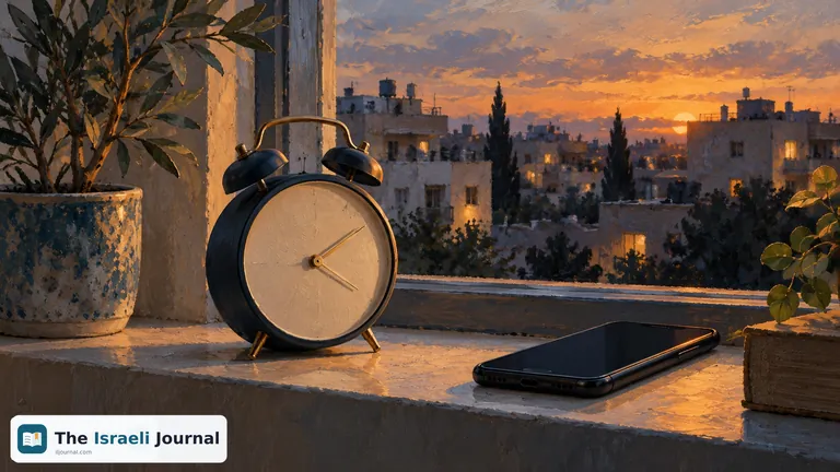An analog clock and a phone on a windowsill overlooking residential buildings in the evening light
