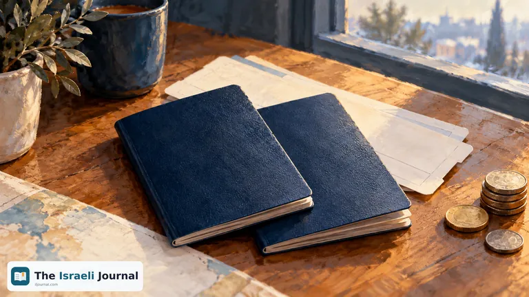 Two closed blue booklets beside documents and coins on a table lit by a window